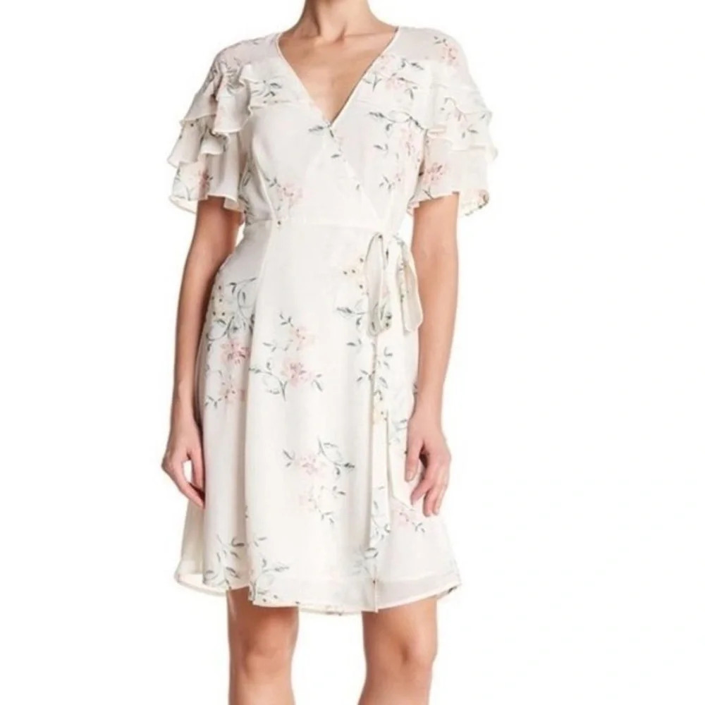 Astr The Label Womens Large Chiffon Floral Wrap Dress Cream Church Wedding Party